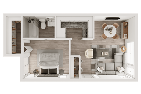 a 3d floor plan of a bedroom and living room at The Flats at Talcott, Weatogue, Connecticut, 06089
